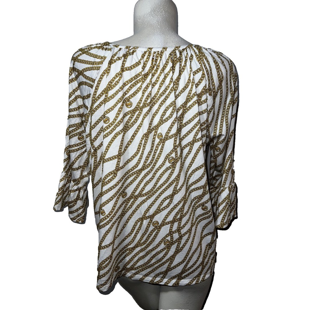 Michael Kors Womens Size XL White Gold Chain Link Logo Ruffle Sleeve Blouse Top - Picture 5 of 6